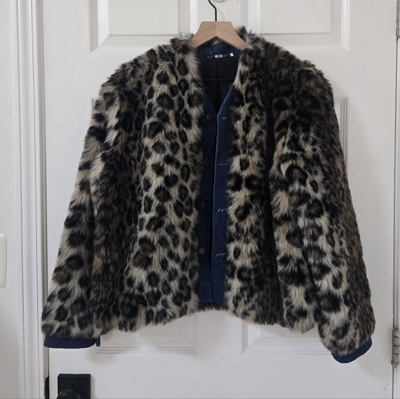 Harvey Faircloth Leopard Printed Faux Fur Denim Bomber Jacket Size M - Picture 2 of 6